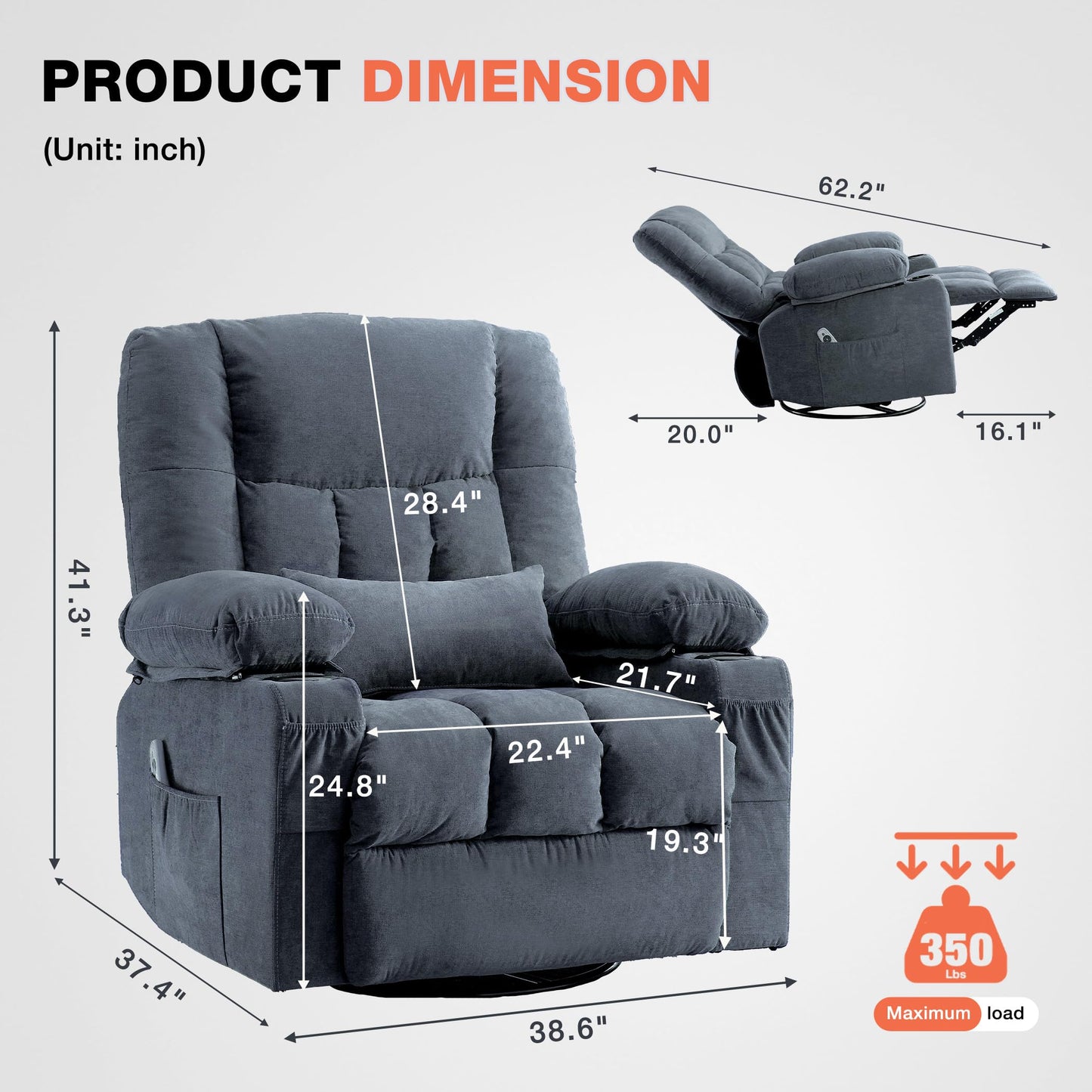 Massage Swivel Recliner Chair with Vibration Massage and Lumbar Heating for Adults, Oversized Rocker Recliner Single Sofa with Side Pocket, Two Cup Holders and USB Charge Port for Living Room