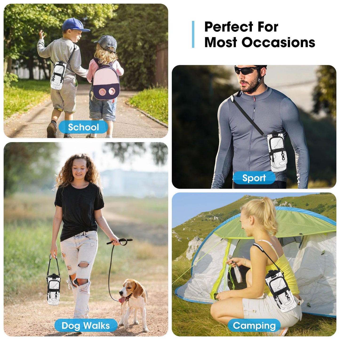 25/32/40oz Water Bottle Carrier Bag Pocket, Crossbody Insulated Neoprene Adjustable Shoulder Strap Water Bottle Pouch Case, Water Bottle Holder Sling Sleeve for Walking Hiking Travelling, Arts White