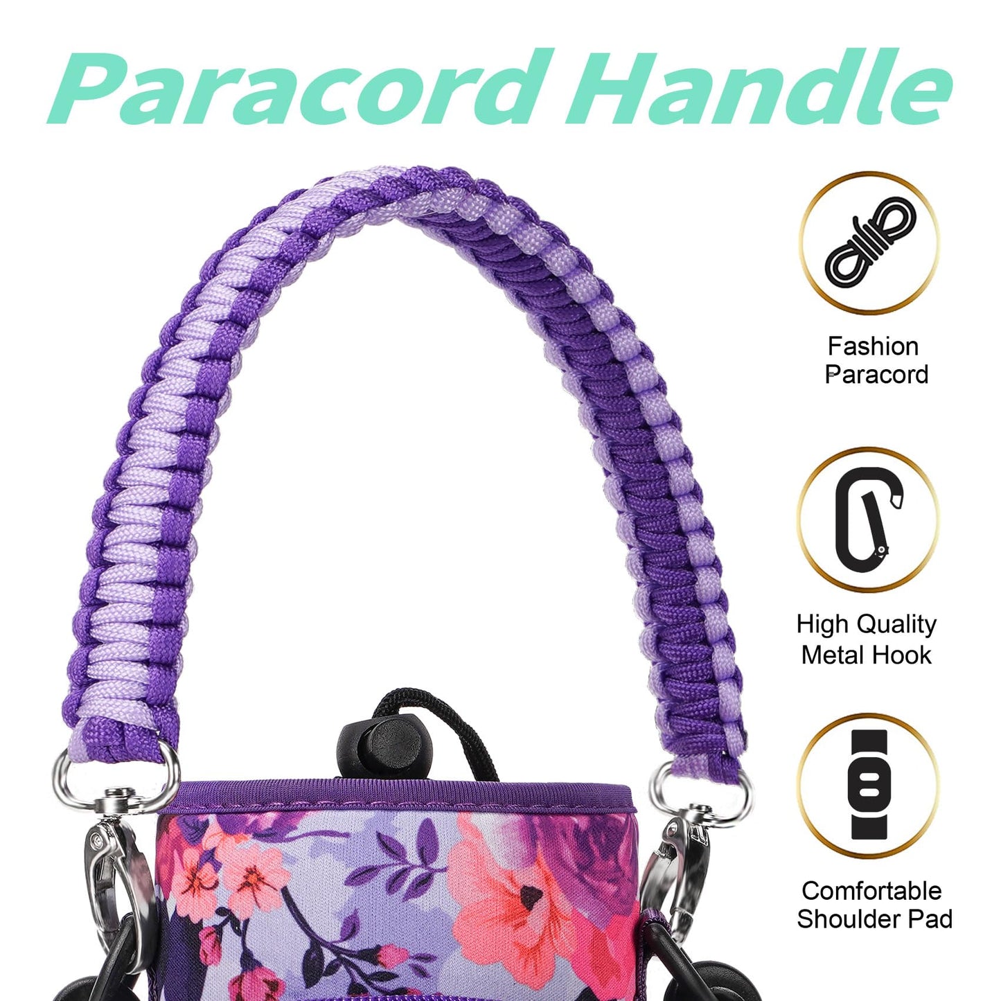 AceTreker 32 oz 40 oz Water Bottle Sleeve with 4 Pocket, Neoprene Water Bottle Carrier Bag with Strap & Paracord Handle, Metal Steel Water Flask Sling Pouch Holder for Walking Hiking-Purple Rose