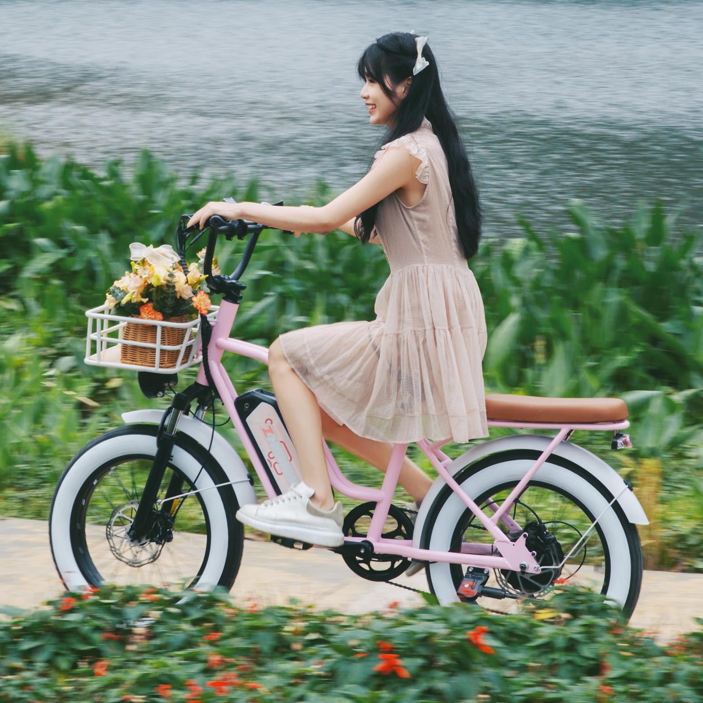 Electric Bike for Adults, 20"x 4" Fat Tire 35MPH Ebike, 1450W Peak Mountain Commute Bike with 48V 20AH Removable 960WH Battery, 80 Miles Max Range Mechanical Disc Brake 2 Seater Electric Bicycle Pink