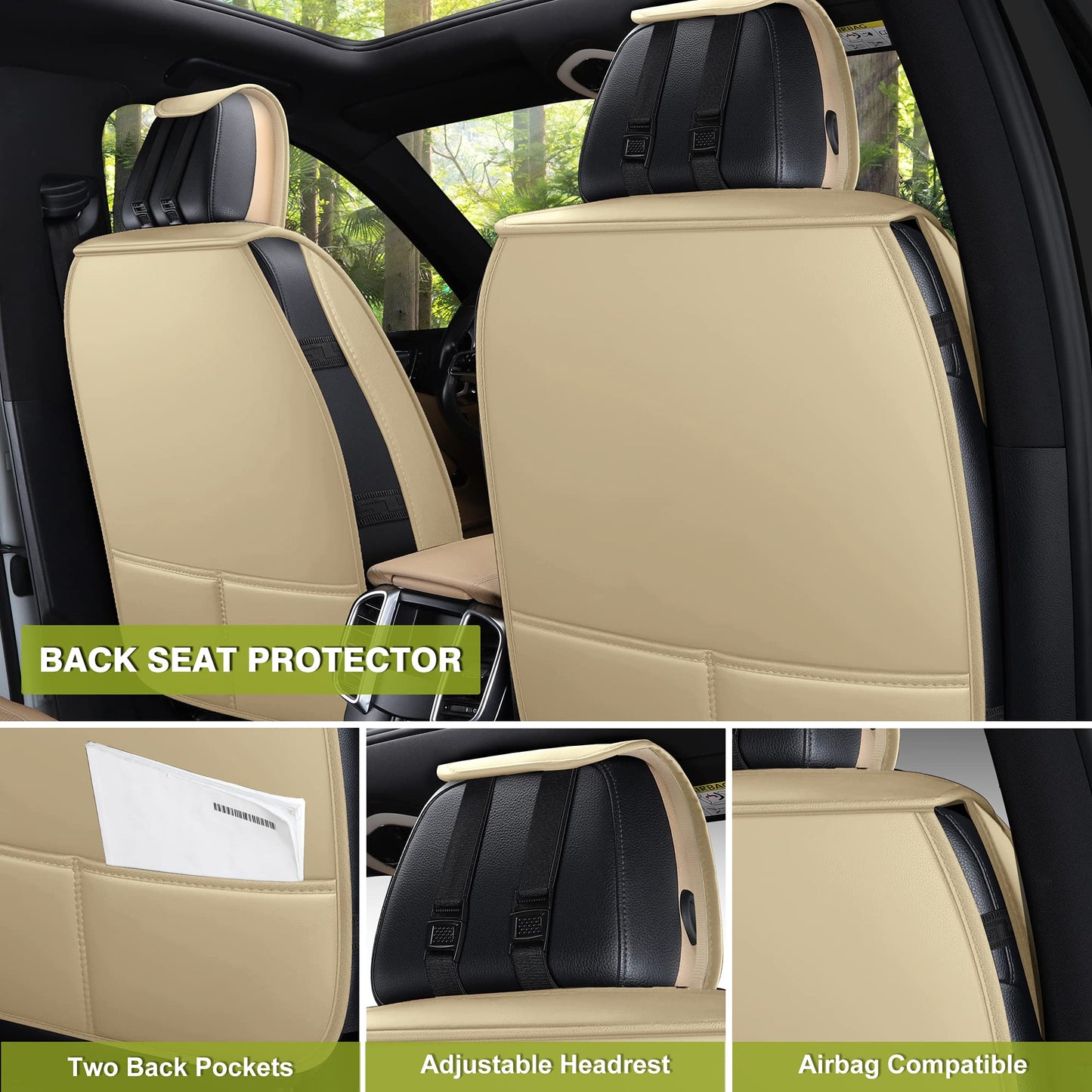 AOOG Leather Car Seat Covers, Leatherette Automotive Seat Covers for Cars SUV Pick-up Truck, Non-Slip Vehicle Car Seat Covers Universal Fit Set for Auto Interior Accessories, Front Pair, Beige