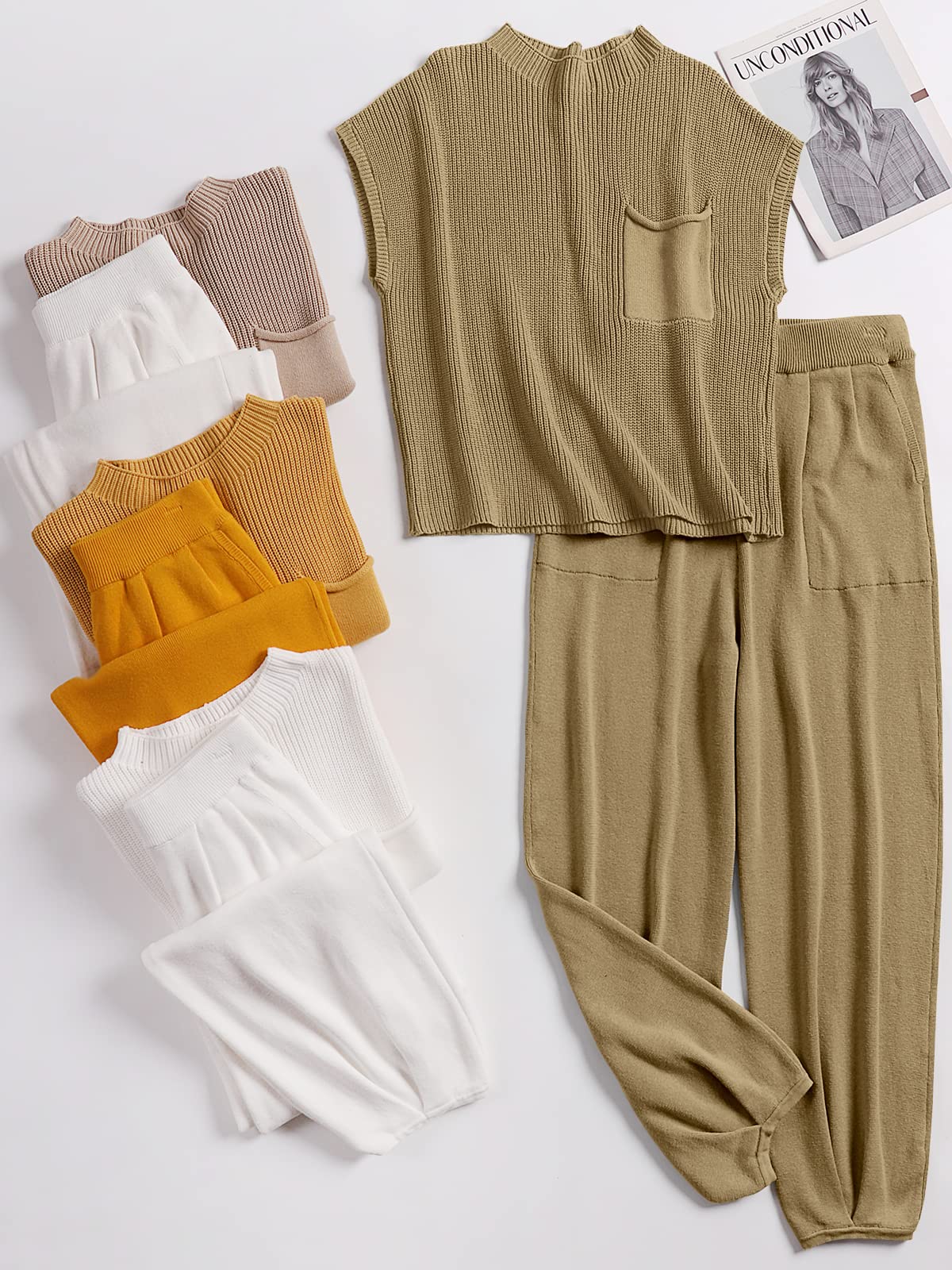 ANRABESS Women's Two Piece Outfits Knit Sweater Pullover Crop Top & Pants Lounge Matching Tracksuit Sweatsuit Sets 2024 Trendy Loungewear Clothes Brown Small