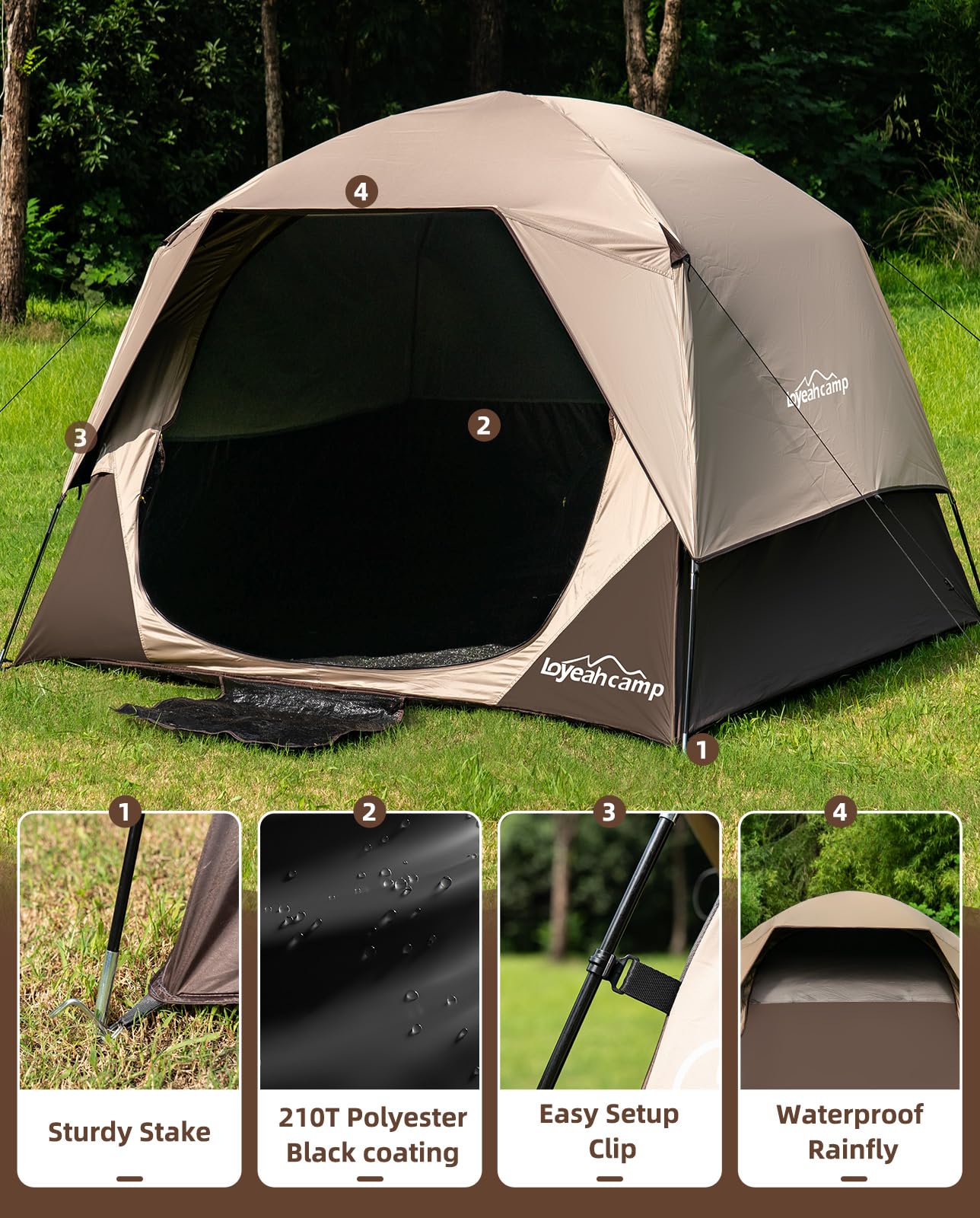 LOYEAHCAMP 4 Person Blackout Camping Tent, Easy Setup Waterproof Family Dome Tent for Camping with Rainfly, Portable Double Layer Large Family Tent for Outdoor Camping&Hiking