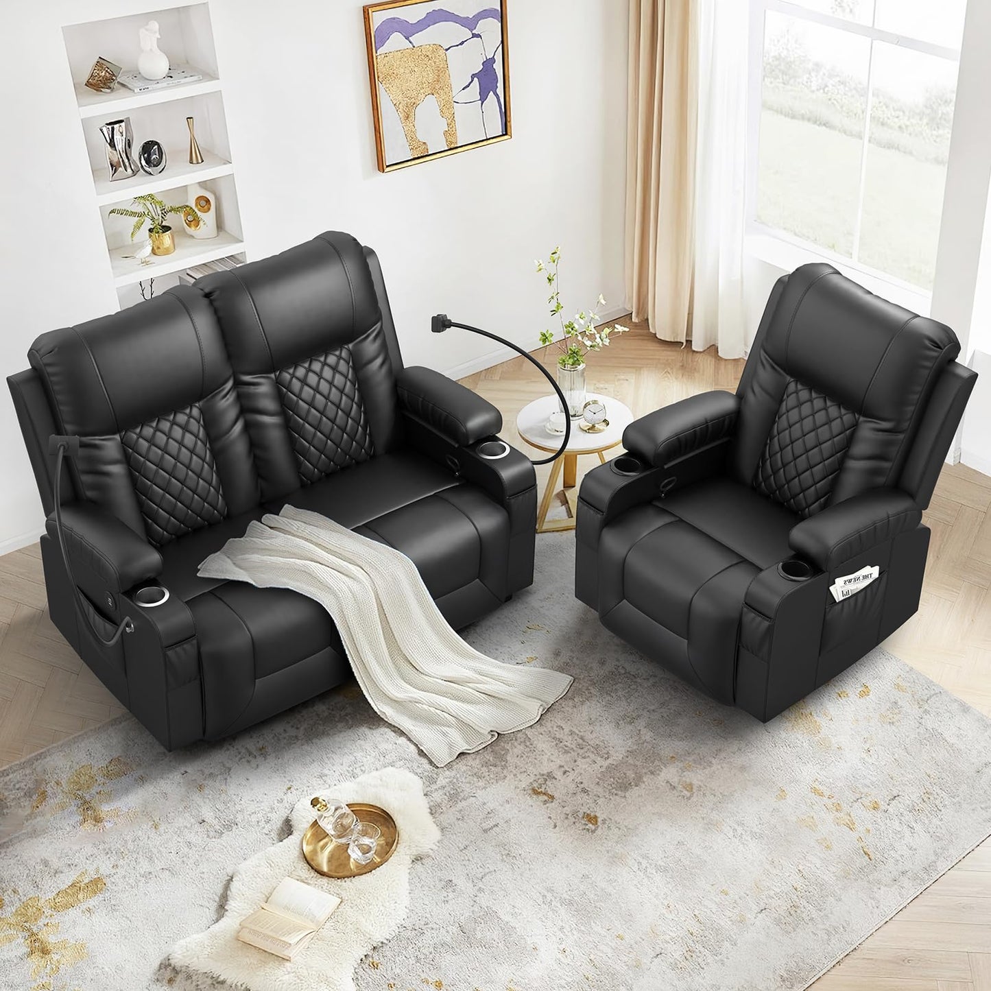 FURNIMAT Loveseat Recliner Sofa Set with 2+1 Pieces in Living Room, 2 Seater Reclining Loveseat Leather, 1 Recliner Chair with 360 Degree Swivel Single Sofa Seat