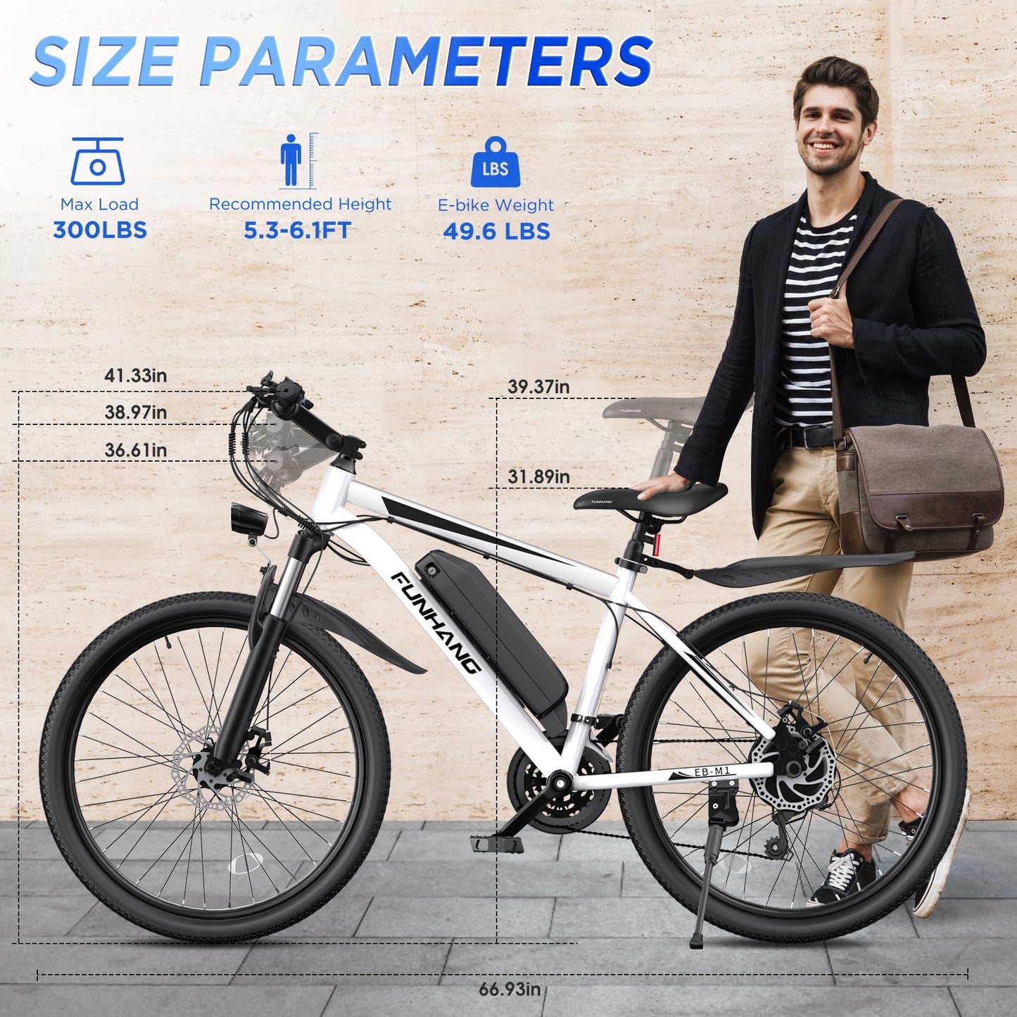 Funhang Electric Bike for Adults, 26'' 1000W Peak Ebike, Up to 50 Miles 21.7MPH Electric Mountain Bike with 48V 374.4WH Removable Battery, Adjustable Stem, Fenders, Lockable Suspension Fork, 21-Speed