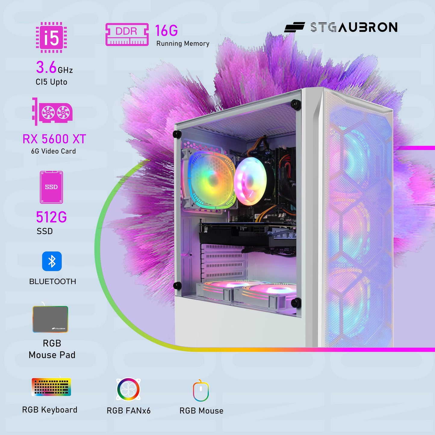 STGAubron Gaming Desktop PC, Radeon RX 5600 XT 6G GDDR6, Intel Core i5 3.2G up to 3.6G, 16G RAM, 512G SSD, 600M WiFi, BT 5.0, RGB Fan x 6, RGB Mouse Pad, Windows 10 Home, White