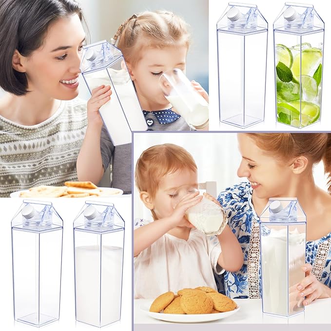 KALYLOC 8Pcs Milk Carton Water Bottle, 34Oz Clear Plastic Square Milk Bottles, Portable Reusable Milk Box Juice Water Container for Travelling Sports Camping Outdoor Activities (Clean 8pcs)