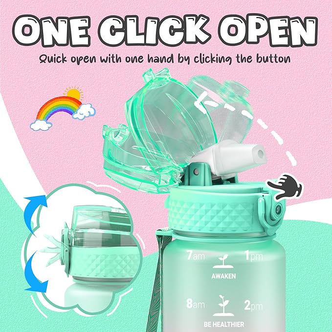 OLDLEY Kids Water Bottle for School, 17 oz (Straw Lid) BPA-Free Reusable Leak-proof Durable Tritan Plastic Water Bottles with One-handed Opening Straw Lids, Anti-dust Spout Cover (Mintpink)