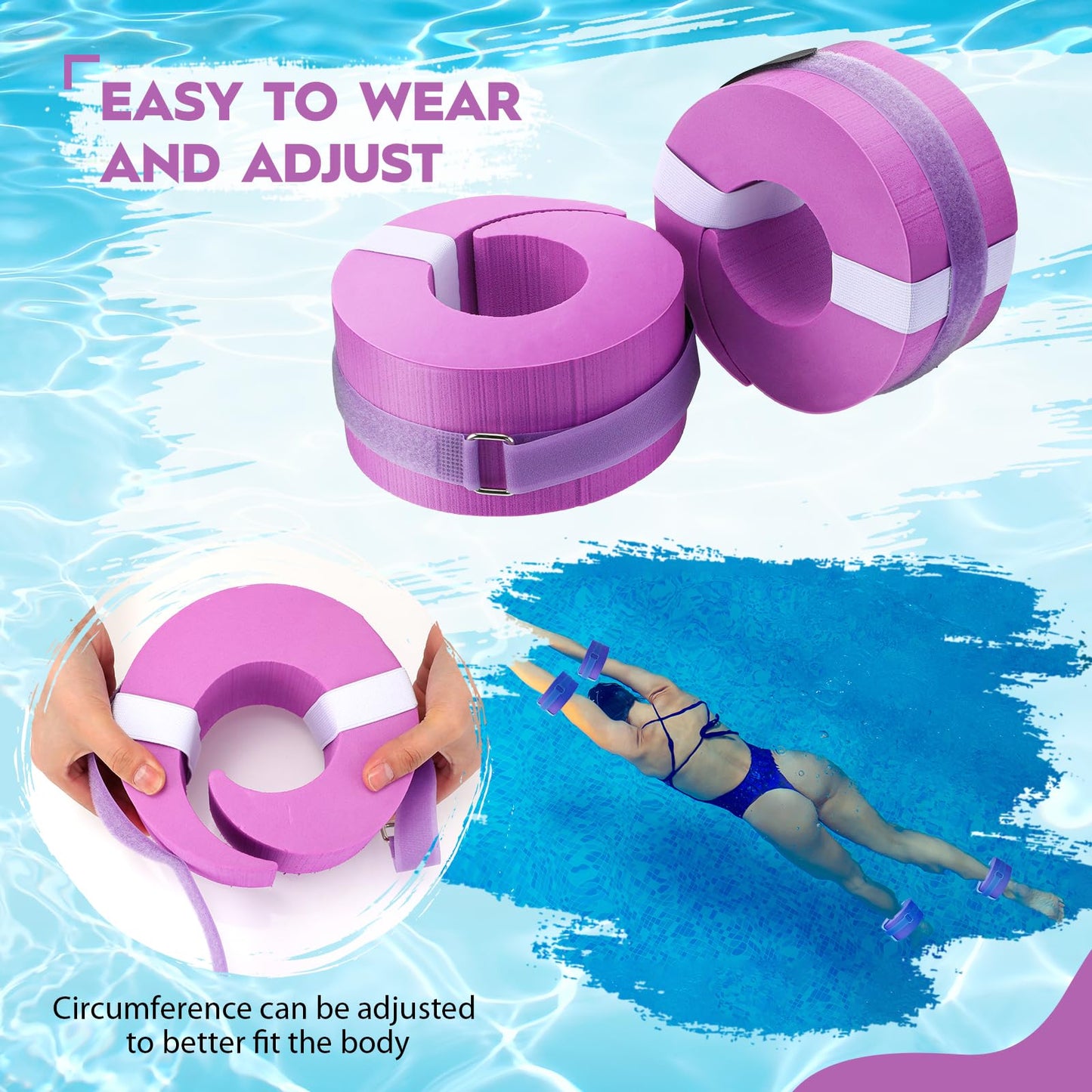RoundFunny 2 Pcs Foam Swim Aquatic Cuffs Equipment Water Aerobics Float Ring with Detachable Hook and Loop Fastener Fitness Workout Set for Swimming Fitness Training Pool Exercise (Purple)