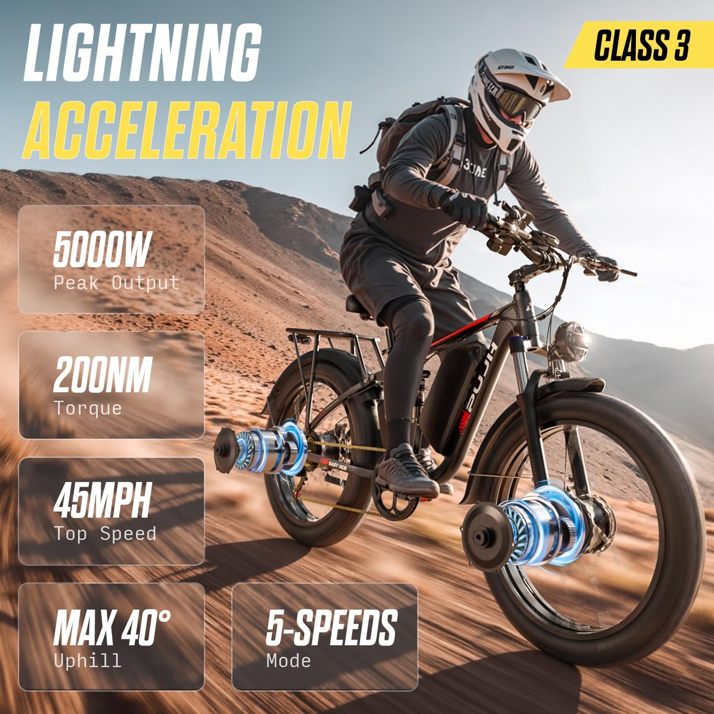 PUJH Electric Bike for Adults 5000W Dual Motors 60V 25Ah 24'' Fat Tire Fast Up to 45mph 35-100 Mileage Full Suspension Hydraulic Brake Class 3 Off-Road Mountain AWD Hunting Ebike for Men Women Black