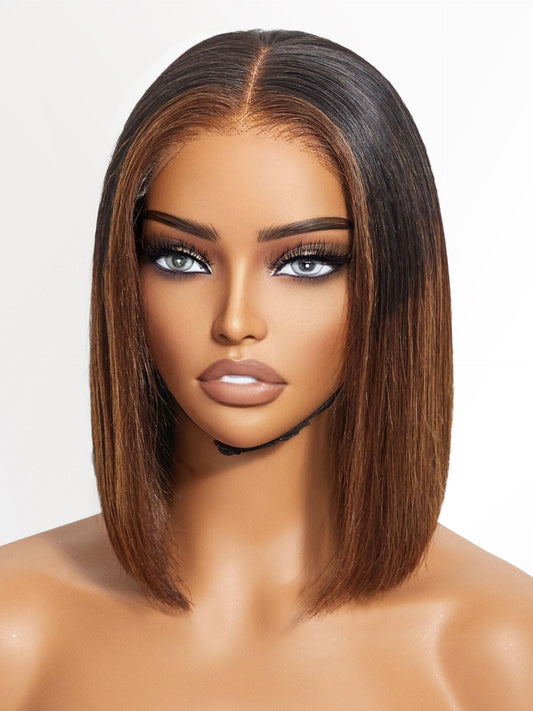 LUVME HAIR 10" Mix Brown Glueless Bob Wigs Human Hair Pre Plucked, 5x5 HD Lace Closure Wigs Human Hair 180 Density, Ready to Go Wig with Bleached Knots & Pre Cut Lace
