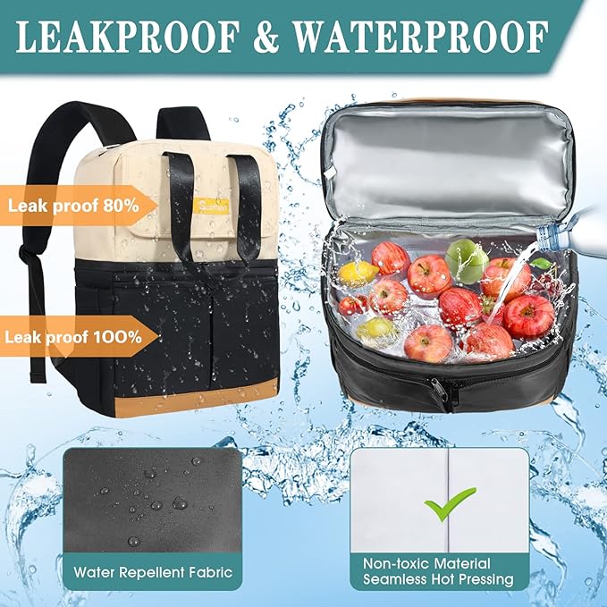 Backpack Cooler with Double Decker & 12 Ice Packs- Keeps 36 Cans Cold for Up to 24 Hours- Waterproof & Leak Proof Insulated Cooler Backpack- Stylish Cooler Bookbag for Women Travel Work Beach