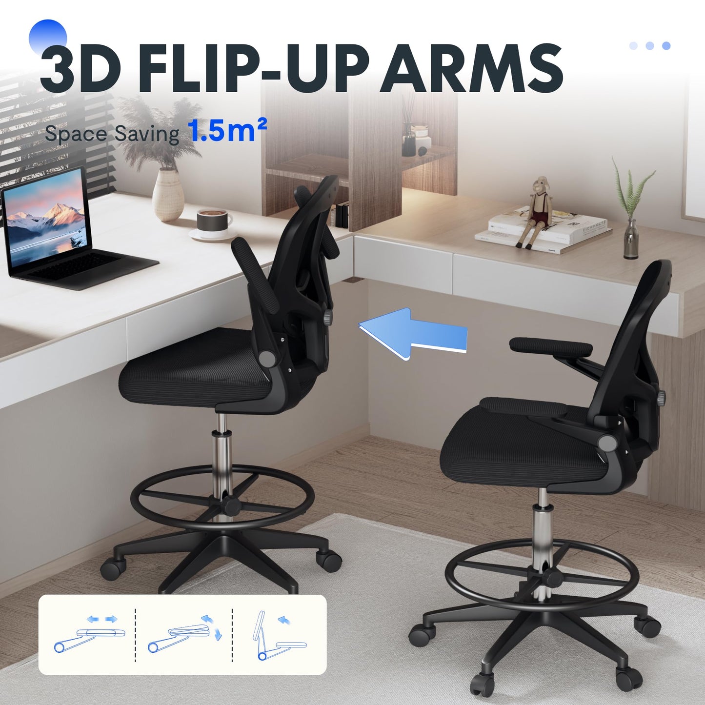 FLEXISPOT Upgraded Drafting Chair Tall Office Chair with 2D Lumbar,3D Flip-up Armrest,Standing Desk Chair with Breathable Mesh Adjustable Foot Ring Stool BIFMA Certified for Home Office,Drawing,Black