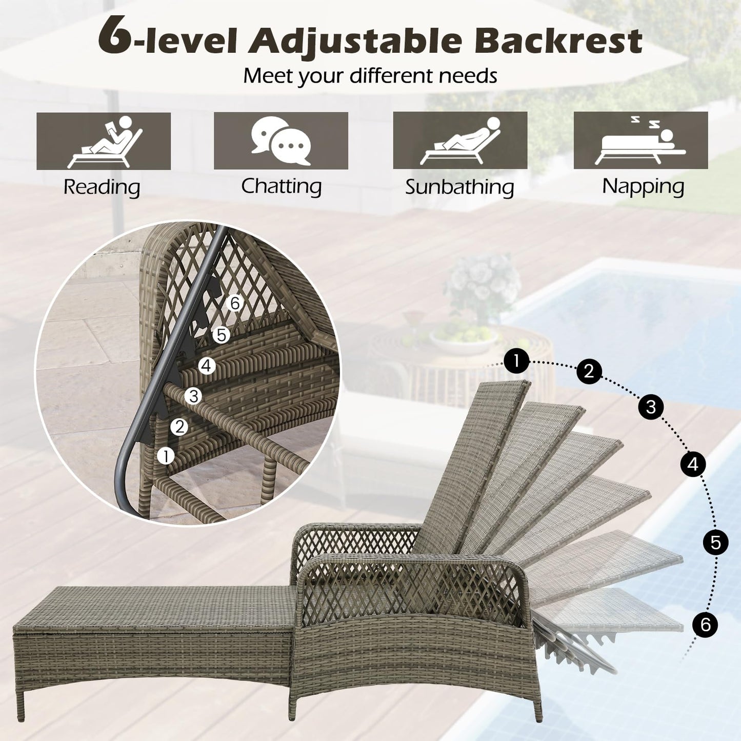 Toolsempire Wicker Chaise Lounge Chair Set of 2, Patio Rattan Recliner with 6-Position Adjustable Backrest, Soft Cushions, Removable Lumber Pillow & Armrests, Lounger Chair for Poolside & Backyard