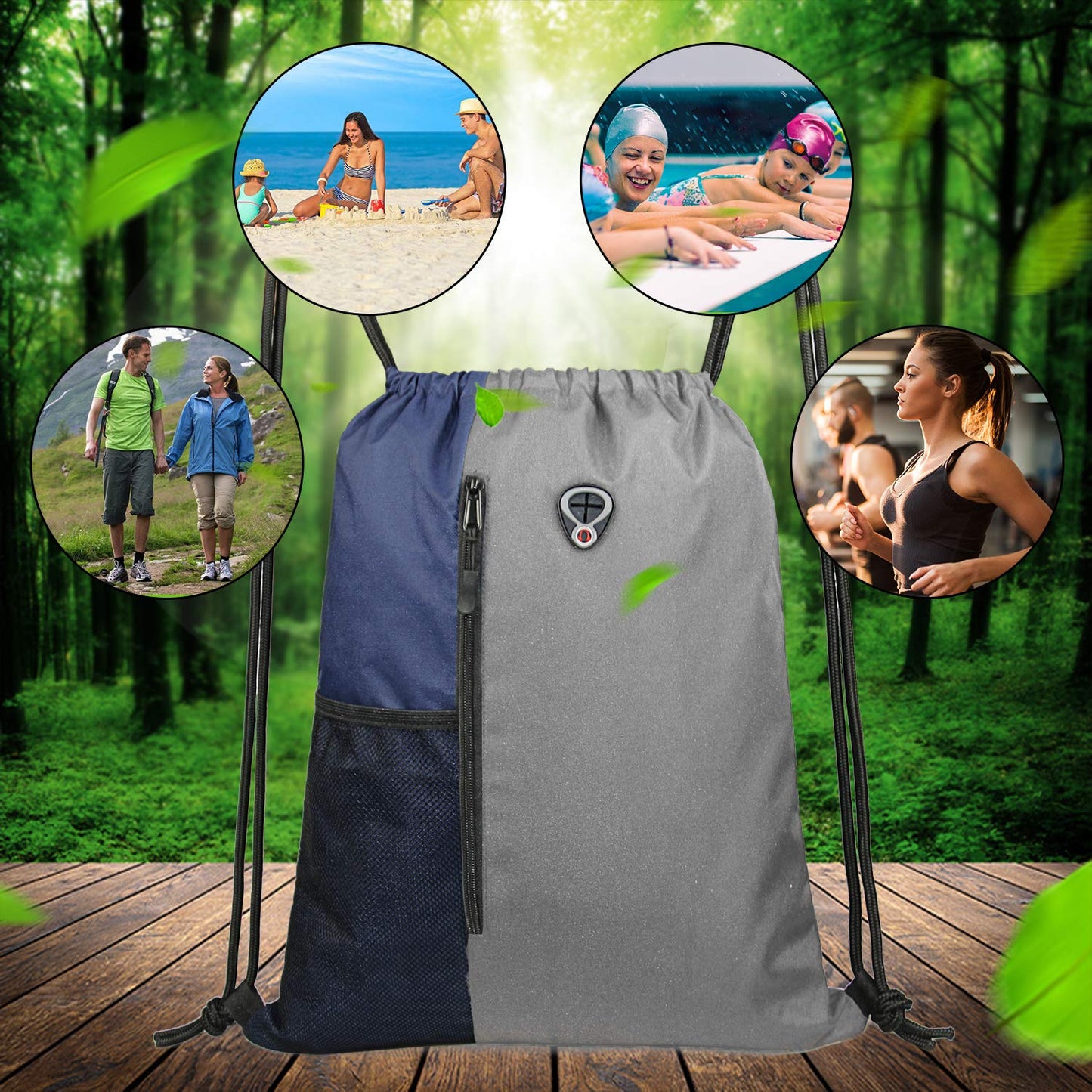 BeeGreen Grey Drawstring Backpack Sports Gym Bag For Women Men Large Draw String Bags Pack With Zipper and Water Bottle Mesh Pockets Workout Bag