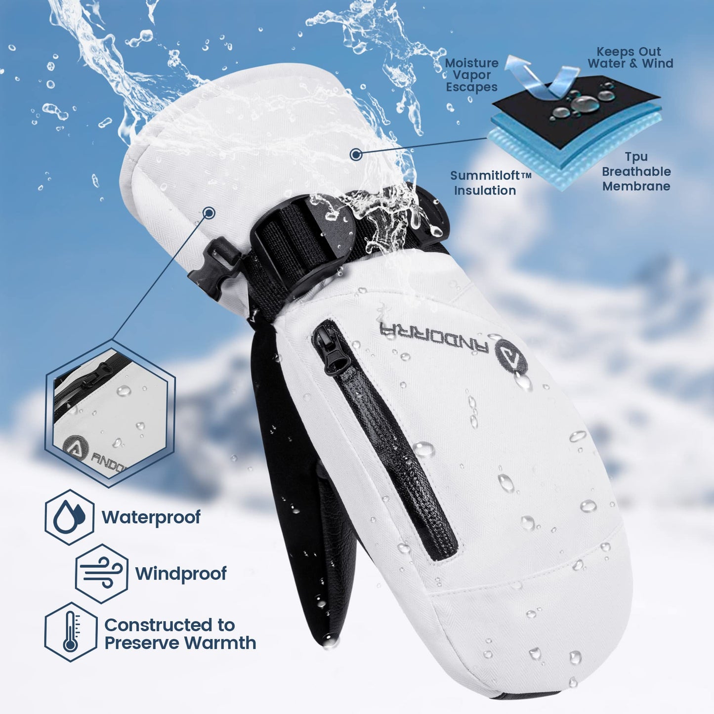 ANDORRA Ski Gloves Women Winter White Ski Mittens Women Waterproof Skiing Mittens for Women Touchscreen Zipper Pocket Womens Snow Gloves, White,M
