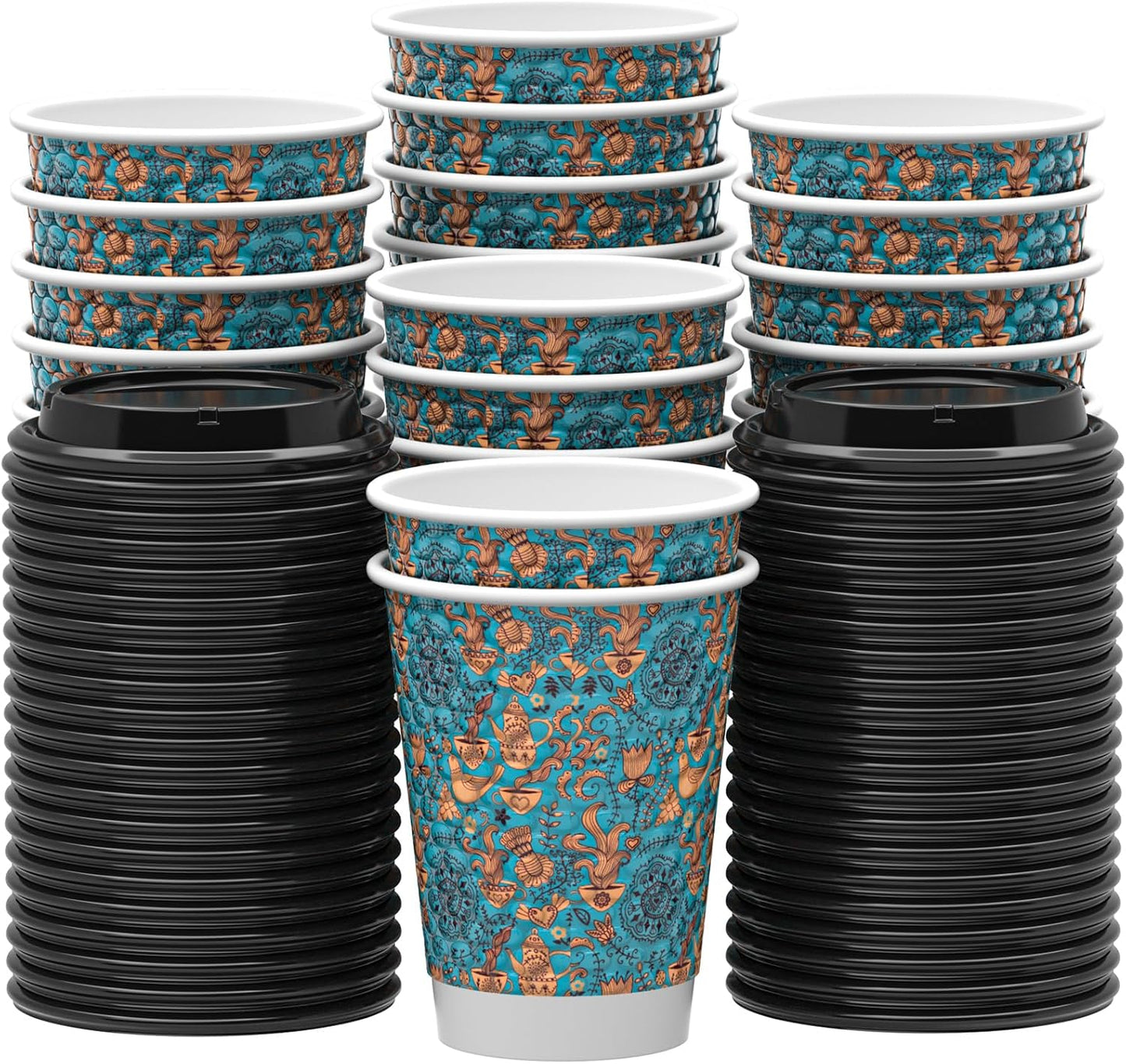 Qunclay Disposable Paper Coffee Cups with Lids, 100 pack 12 oz Embossed Paper Cups, Double Wall Insulated Takeaway To Go Hot Drinking Cups for Home Office Wedding Party Supply, Blueness