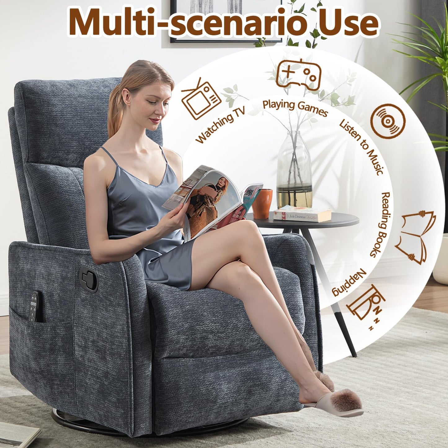 Massage Recliner Chair with Heat, Slim Recliners for for Adults, Swivel Rocking Chair Recliner with High Back, Small Recliner Chair for Small Spaces Living Room, Adjustable Footrest (Blue 2)
