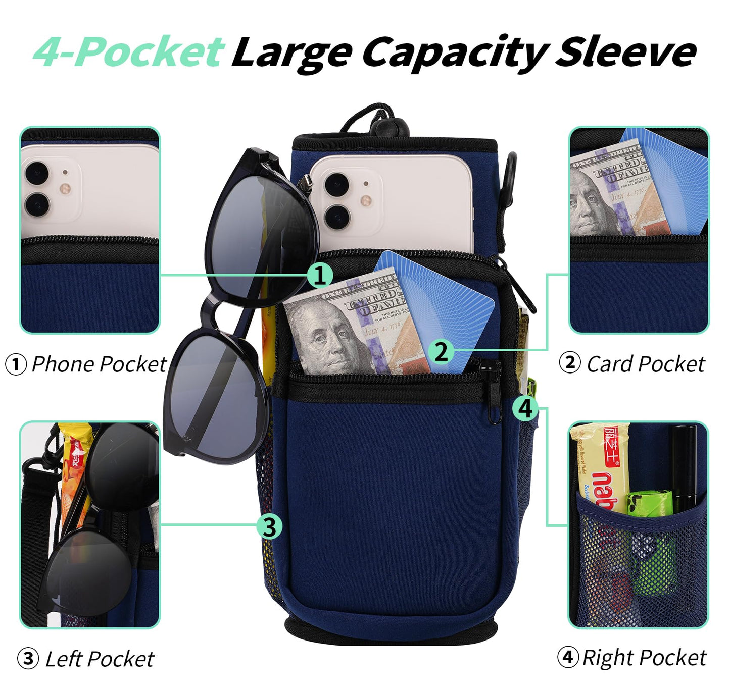 AceTreker Water Bottle Carrier Bag, 32 oz/ 40 oz Water Bottle Sleeve with Paracord Hanlde & Strap, Neoprene Insulated Metal Canteen Pouch Holder with Phone Pocket for Gym, Sport, Fishing-Navy