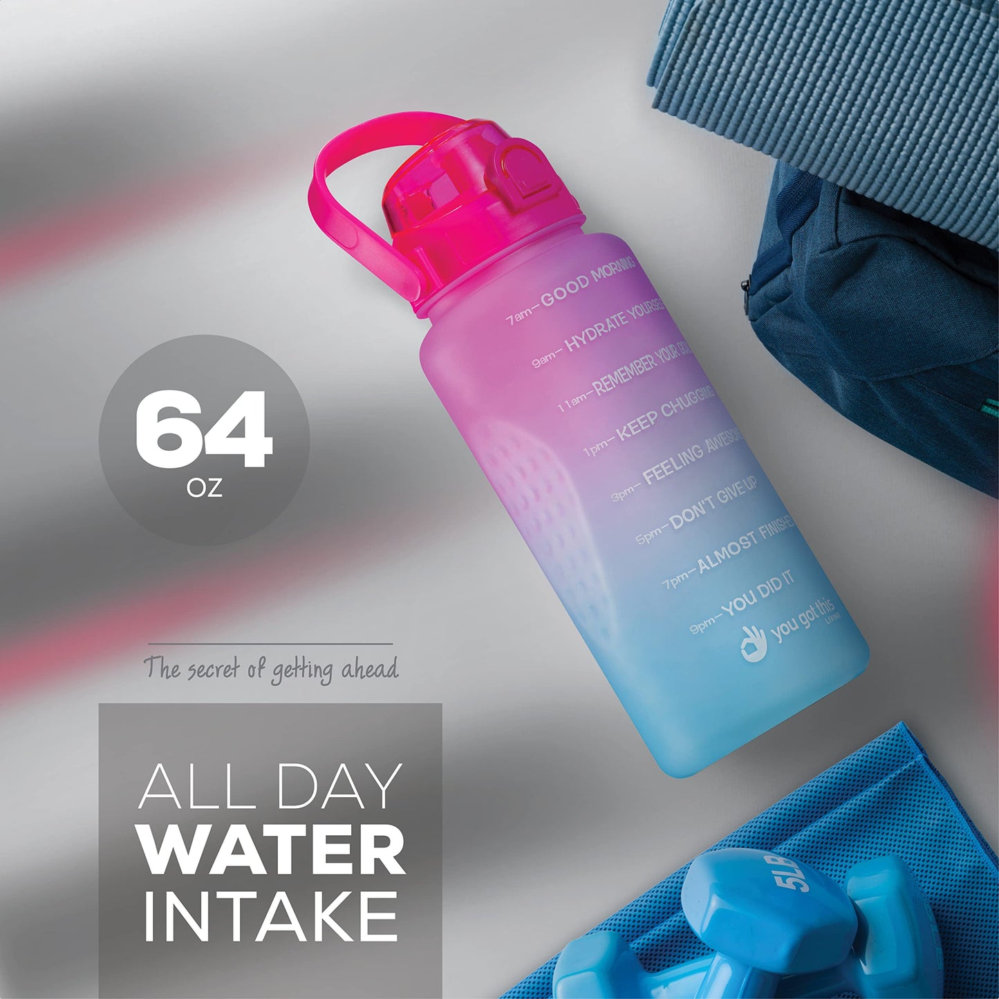 YOU GOT THIS LIVING Motivational Water Bottle with Time Marker,Half Gallon Water bottle with Straw 64 oz/2.2L Gym Water Bottle, Achieve All-Day Hydration SpillProof, BPA FREE