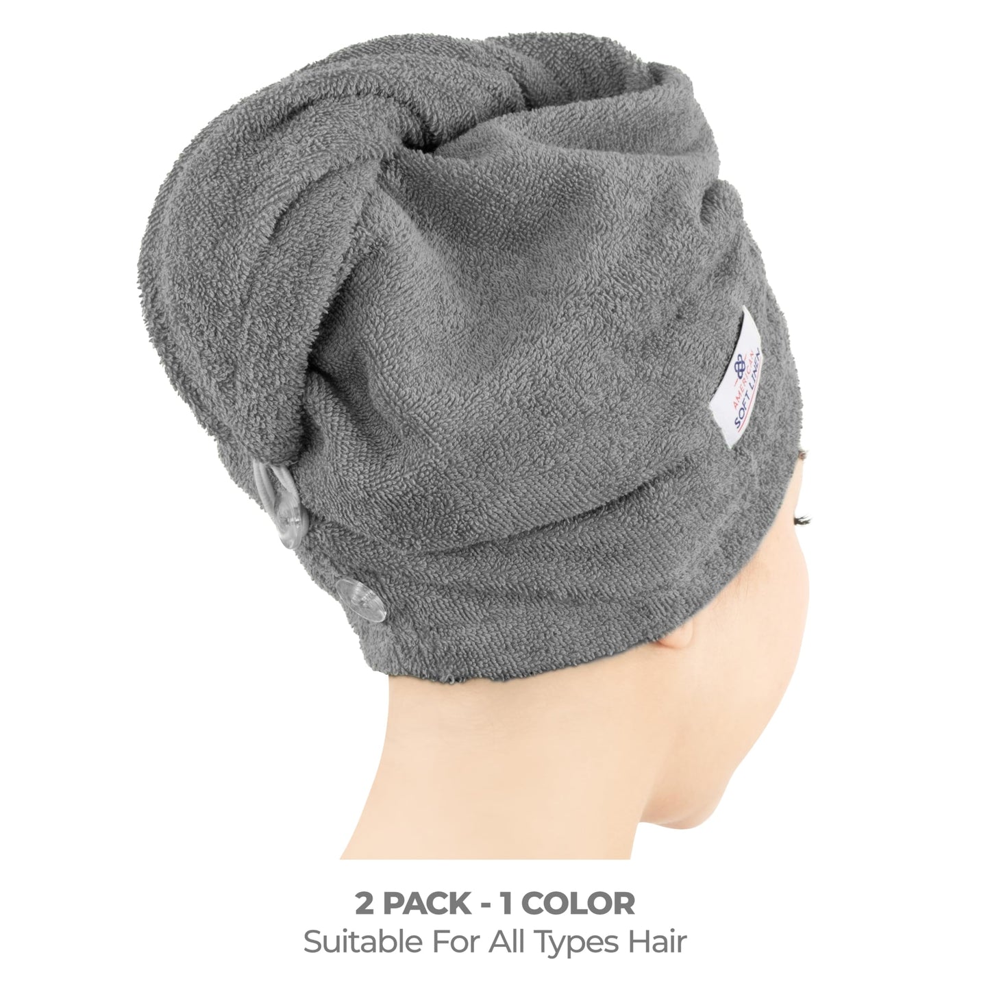 American Soft Linen 100% Cotton Hair Towels for Women, Head Towel Cap, Cotton Hair Turban Towel Wrap for Long Curly Anti Frizz Hair, Soft and Absorbent Cotton Hair Towels 2 Pack, Dark Gray