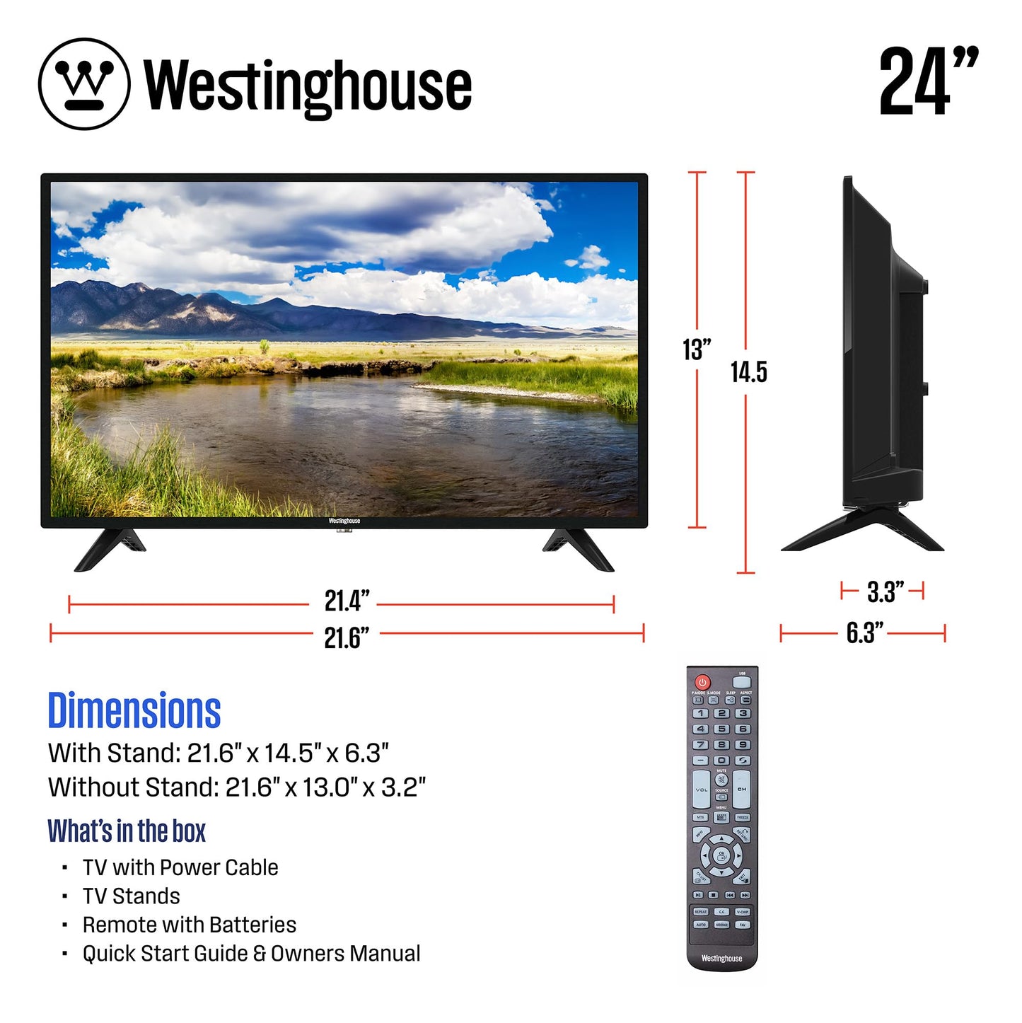 Westinghouse 24 Inch TV, 720p HD LED Small Flat Screen Non-Smart Television with HDMI, USB, VGA, & V-Chip Parental Controls, Monitor for Home, Kitchen, RV Camper, or Office