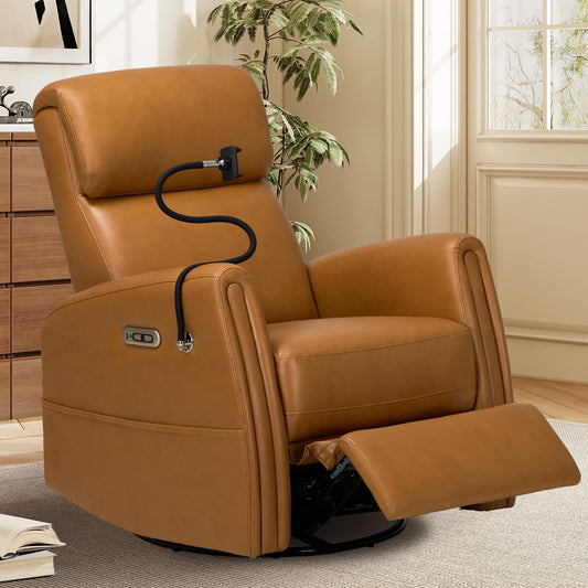 COLAMY Electric Power Swivel Recliner Chair, PU Leather Rocking Chair, 270° Swivel 145° Recliner Chair with Built-in Charging Ports for Living Room, Home, CognacBrown