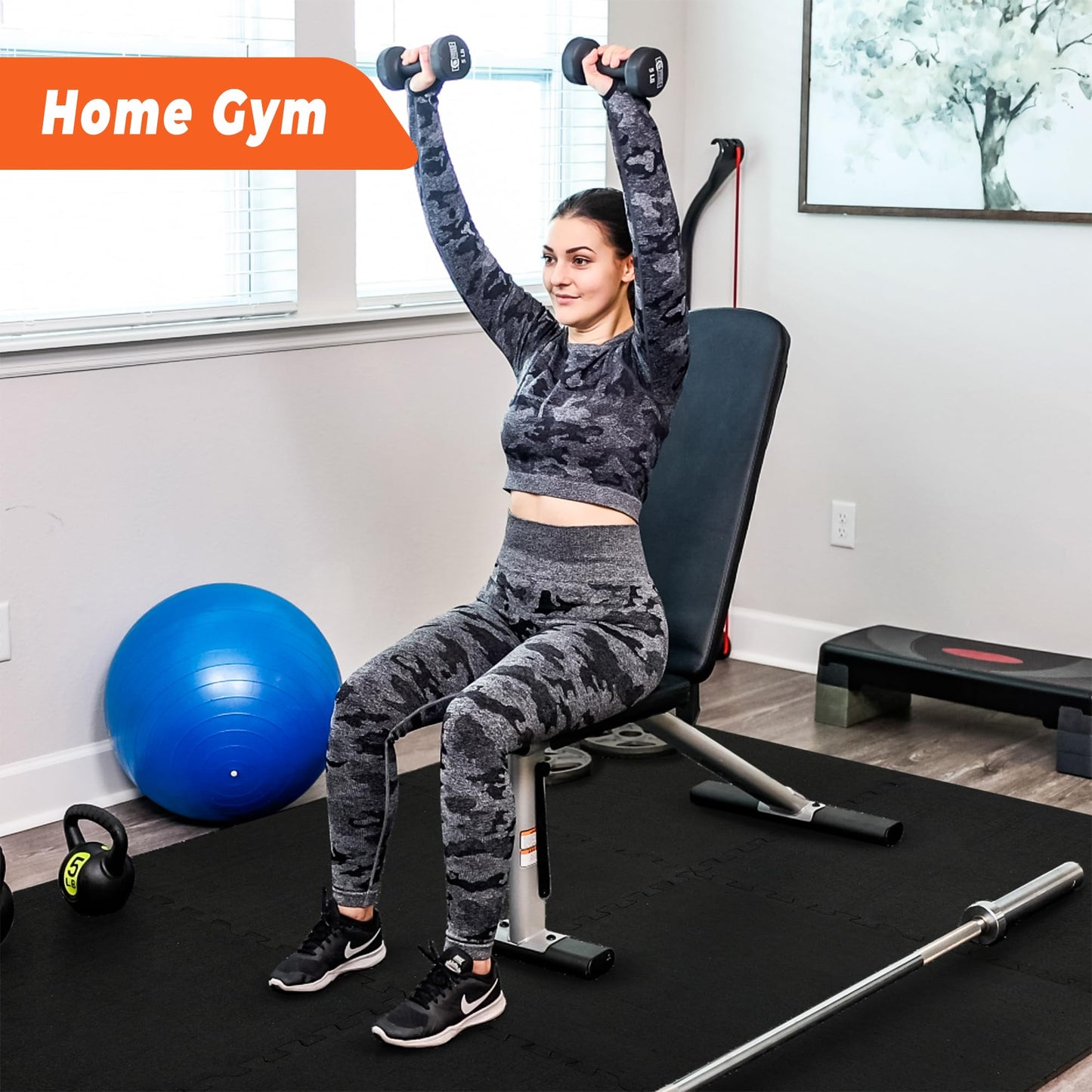 SUPERJARE 0.4 Inch Gym Flooring for Home Gym, 24 Tiles Gym Floor Mat with Heavy Duty Rubber Top, Interlocking Rubber Flooring Mats, 24" x 24" Workout Exercise Equipment Mats (96 sqft)