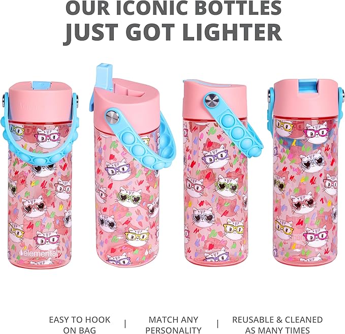 Elemental Leak Proof Water Bottles for Kids - Splash Kids Water Bottle for School with Fun Fidget Pop-it Handle - BPA Free Tritan Plastic Reusable Water Bottle with Straw - Stylish Cat - 18oz