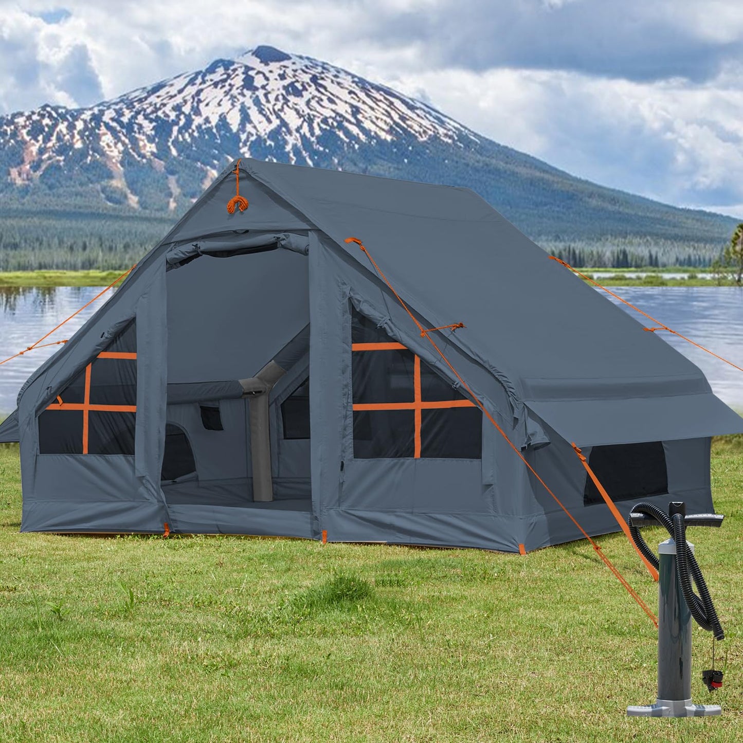 Inflatable Tent with Pump, 4-6 Person Glamping Camping Tents House, Easy Setup Blow Up Family Tents for 4 Seasons Waterproof Inflatable Tent for Camping with Mesh Windows.