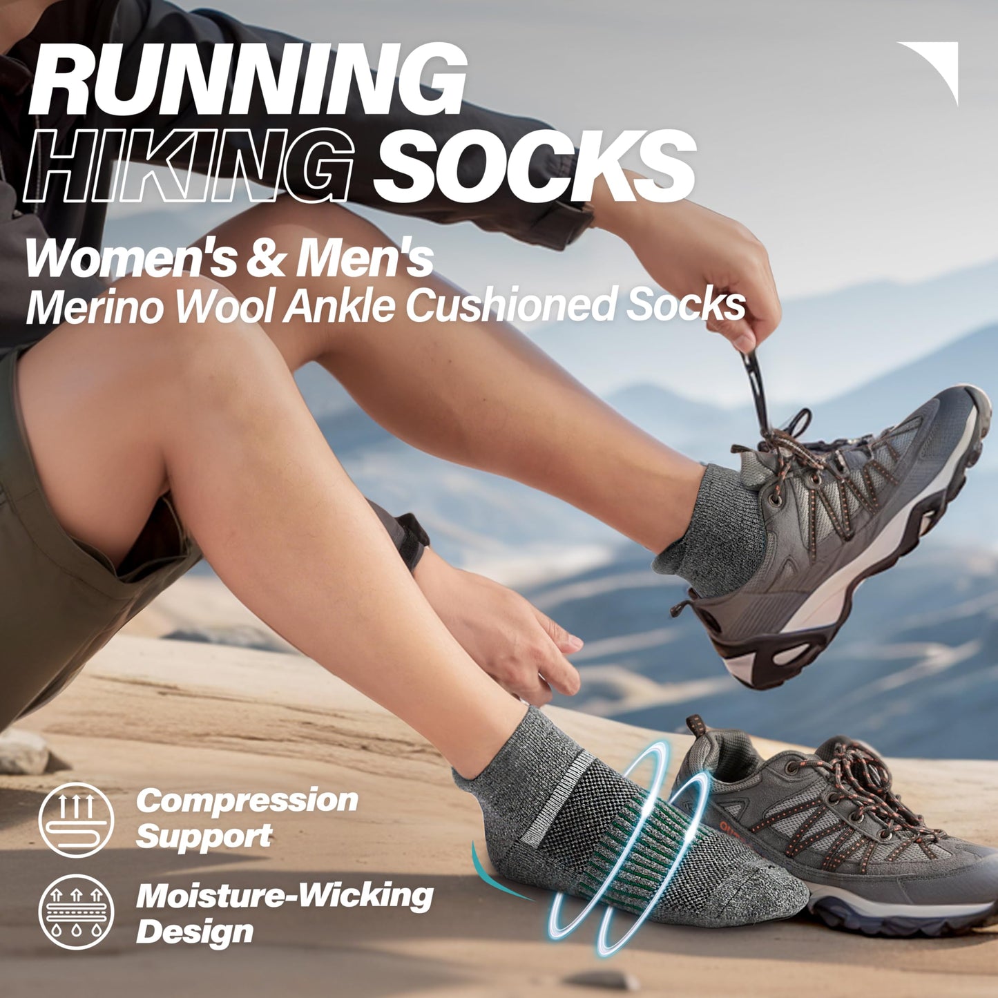 Anlisim Merino Wool Quarter Hiking Socks Compression Warm Thermal Winter Thick Cushion Running Moisture Wicking No Show Socks Gifts Stocking Stuffers for Women Men 6 Pairs(Grey,L)