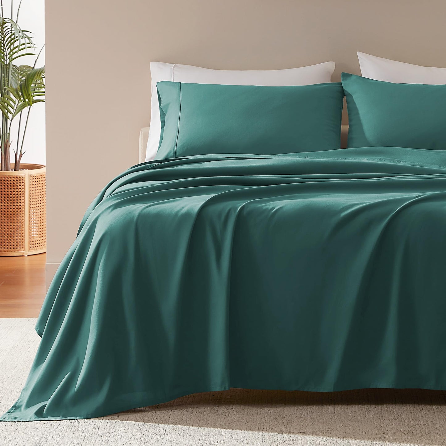 SLEEP ZONE Nanotex Super Soft Cooling King Bed Sheets Set 4 Piece - Easy Care Fitted Flat Sheet & Pillowcase Sets - Wrinkle Free, Fade Resistant, Deep Pocket 16" (Teal, King)