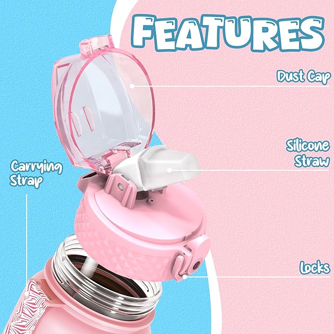 OLDLEY Kids Water Bottle for School, 17 oz (Straw Lid) BPA-Free Reusable Leak-proof Durable Tritan Plastic Water Bottles with One-handed Opening Straw Lids, Anti-dust Spout Cover (Pink-Blue)