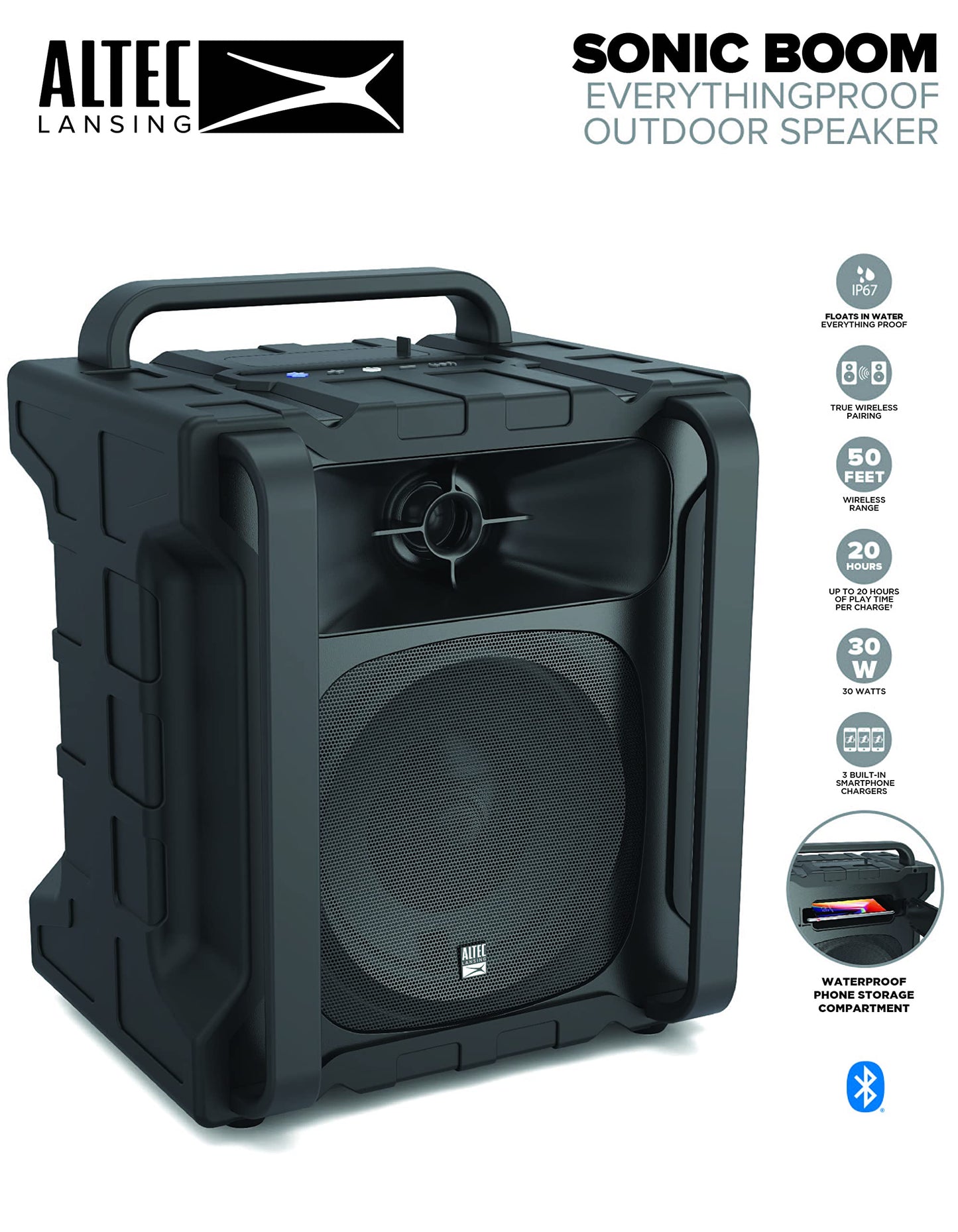 Altec Lansing Sonic Boom - Waterproof Bluetooth Speaker with Phone Charger, IP67 Outdoor Speaker, 3 USB Charging Ports, 50 Foot Range & 20 Hours Battery Life