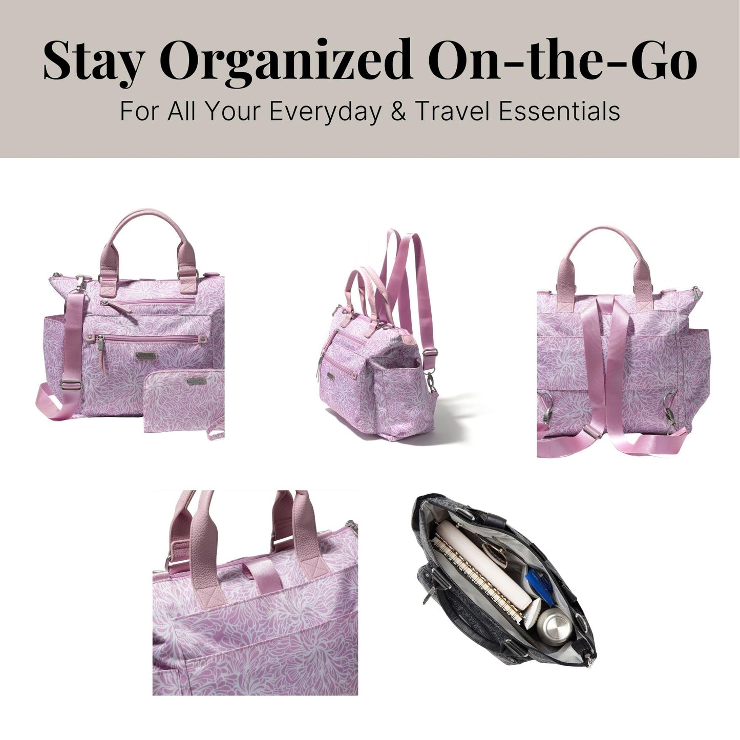 Baggallini 3-in-1 Convertible Backpack - Medium 12x15 inch Travel Backpack Crossbody Tote with RFID Phone Wristlet