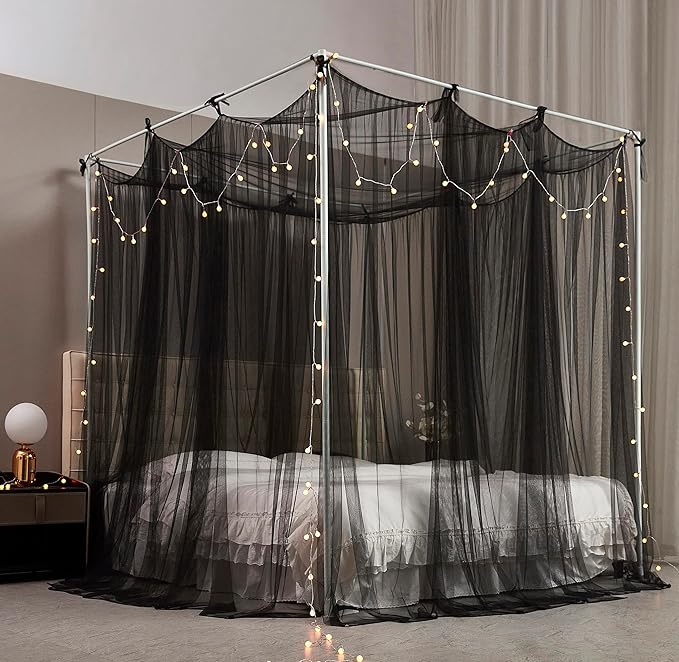 Mengersi Canopy Bed Curtains Bed Canopy with Lights for Girls, Bed Netting Unique Style 4 Door Mosquito Net for Adults Women Bedroom Decor (Black+Lights, King)