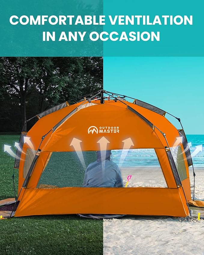 OutdoorMaster Beach Tent for 3-4 Person - Easy Setup and Portable Beach Shade Sun Shelter Canopy with UPF 50+ UV Protection Removable Skylight Family Size