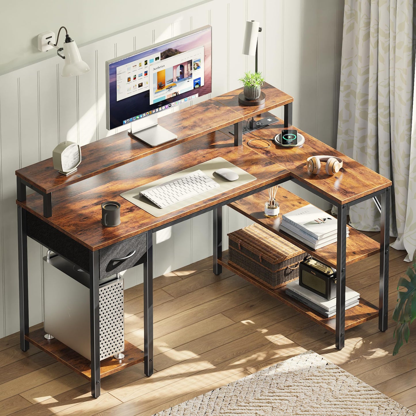 SUPERJARE 47 inch Reversible L Shaped Desk with LED Lights & Power Outlets, Computer Desk with Shelves & Monitor Stand, Gaming Desk with Drawer, Home Office Desk Corner Desk, Rustic Brown