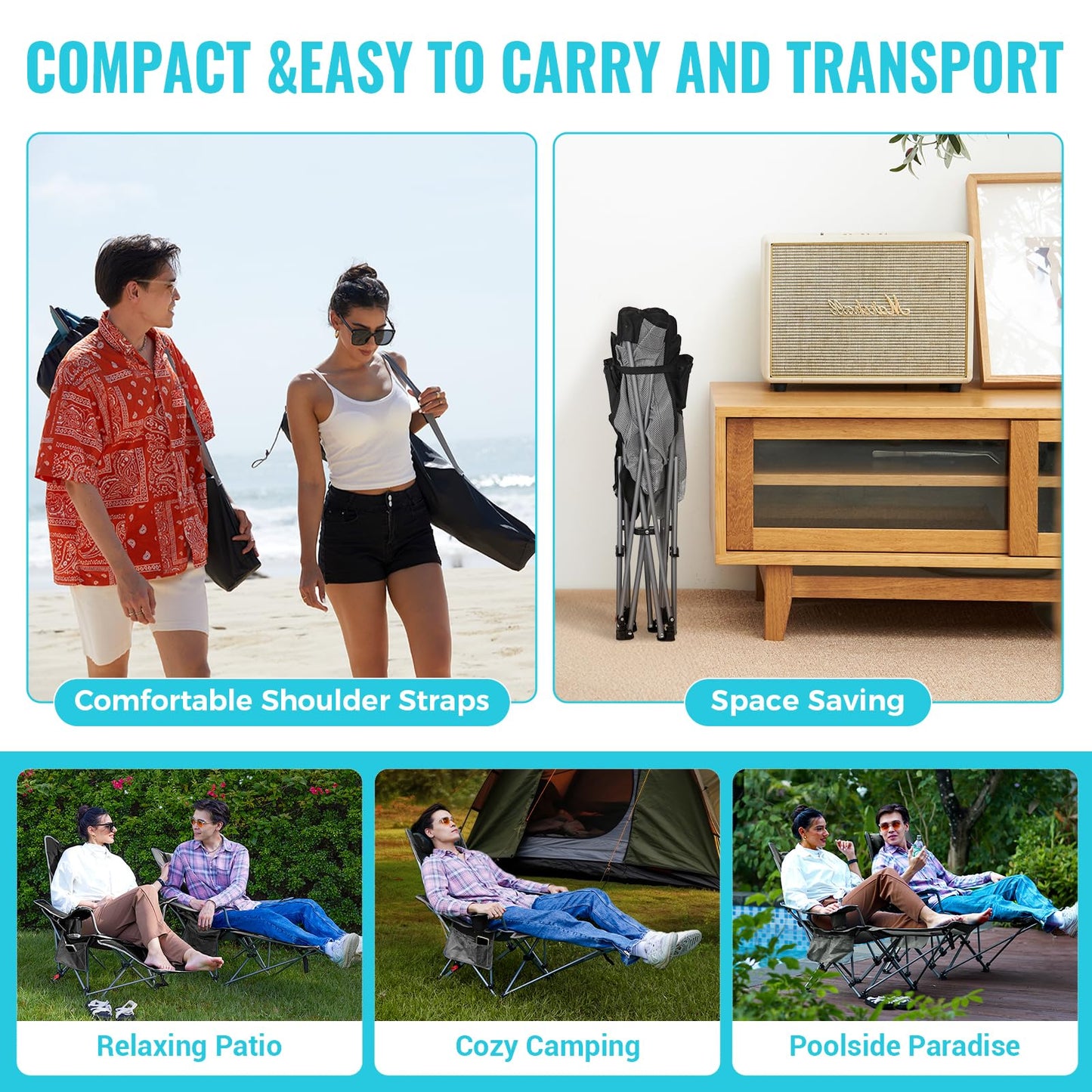 #WEJOY 2-in-1 Reclining Camping Chair with Footrest for Adults Folding Lounge Chair with Adjustable Backrest Lightweight Camping Chairs Heavy Duty Camp Chairs for Outdoor (1, Black Grey)