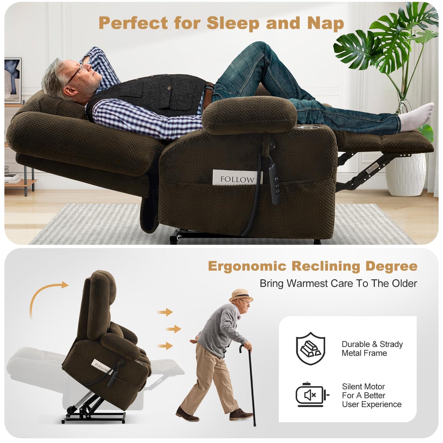 Madaha Electric Power Large Lift Recliner Chair Sofa with Massage and Heat for Elderly, Oversized Lay Flat Dual Motor Infinite Position Recliner Chair, Side Pockets, Cup Holders, USB Ports (Brown)