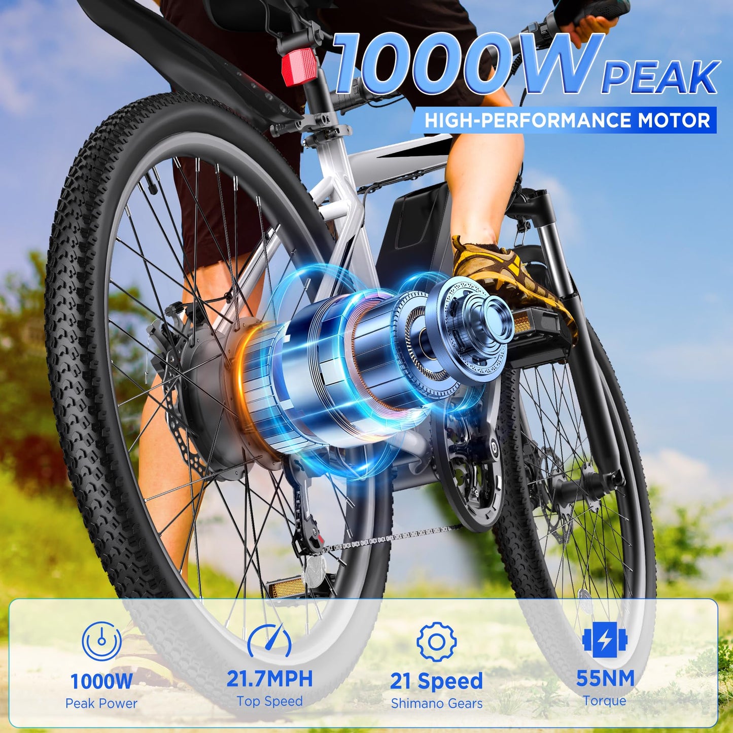 Funhang Electric Bike for Adults, 26'' 1000W Peak Ebike, Up to 50 Miles 21.7MPH Electric Mountain Bike with 48V 374.4WH Removable Battery, Adjustable Stem, Fenders, Lockable Suspension Fork, 21-Speed