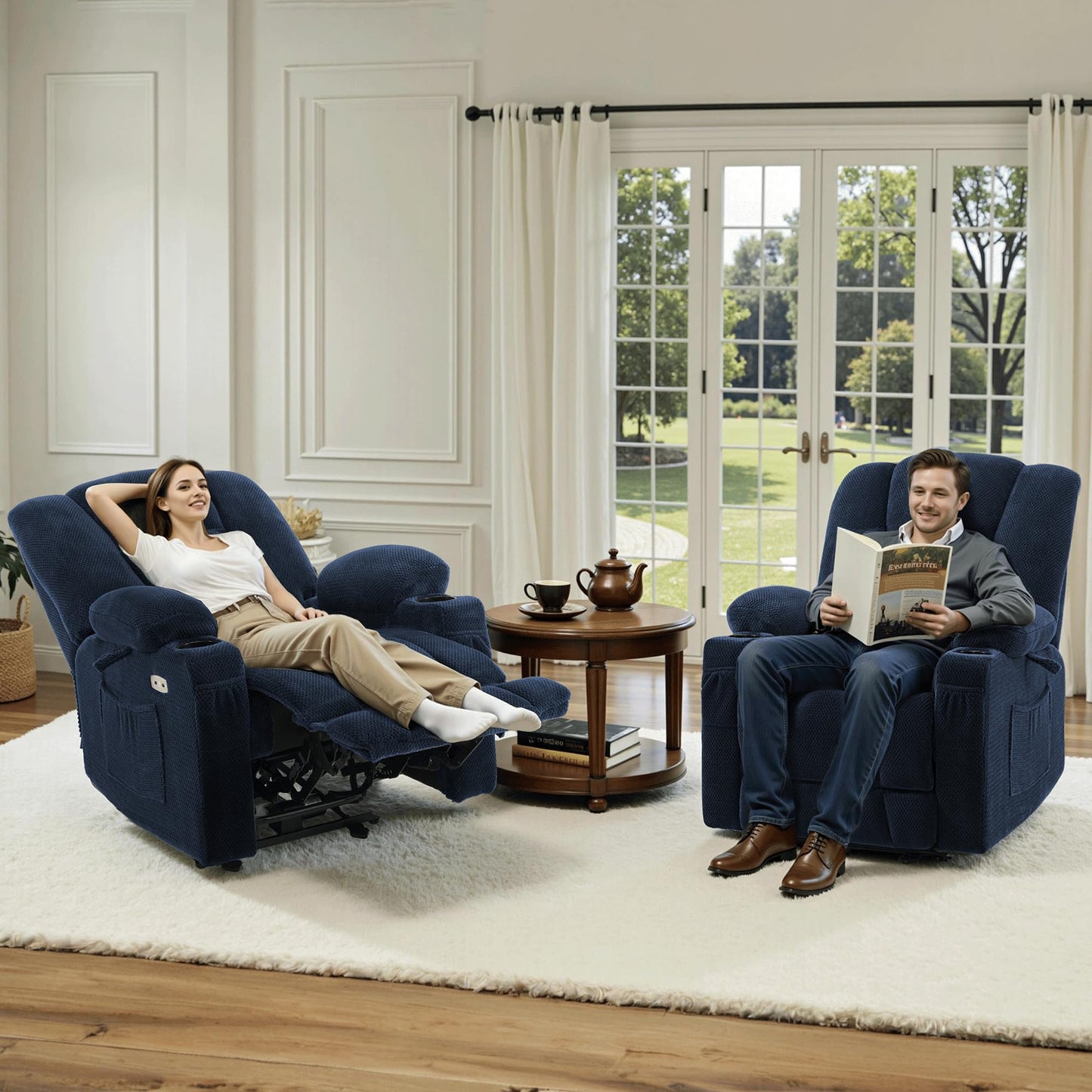 MCombo Zero Gravity Power Recliner Chair with Heat and Vibration Massage, Reclining Chair with USB & Type C Ports, Cup Holders for Living Room, Fabric 8015 (Navy Blue)