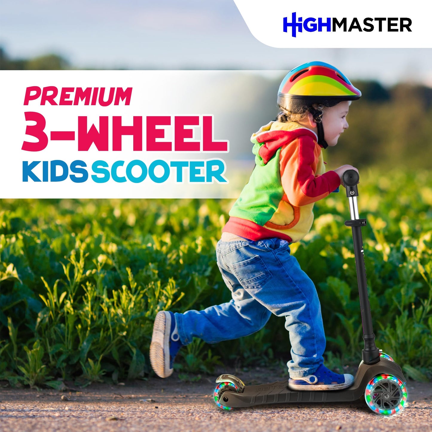 HighMaster Kids Scooter – 3 Wheel Kick Scooter for Children and Toddlers – Adjustable Handlebar with LED Wheel Lights – Indoor and Outdoor Fun