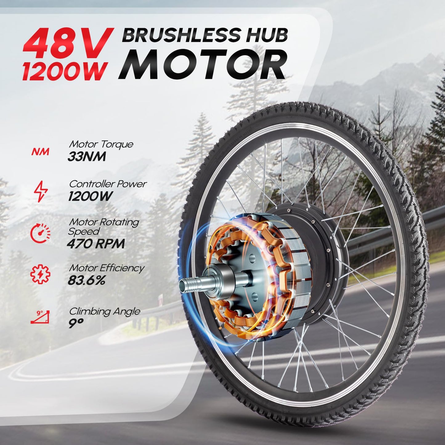 PEXMOR Electric Bike Conversion Kit, 48V 1200W 26" Front Wheel E-Bike Hub Motor Kit, Upgrade 3 Mode Controller w/PAS/Twist Throttle with Battery Indicator Ebike Bicycle Wheel Kit