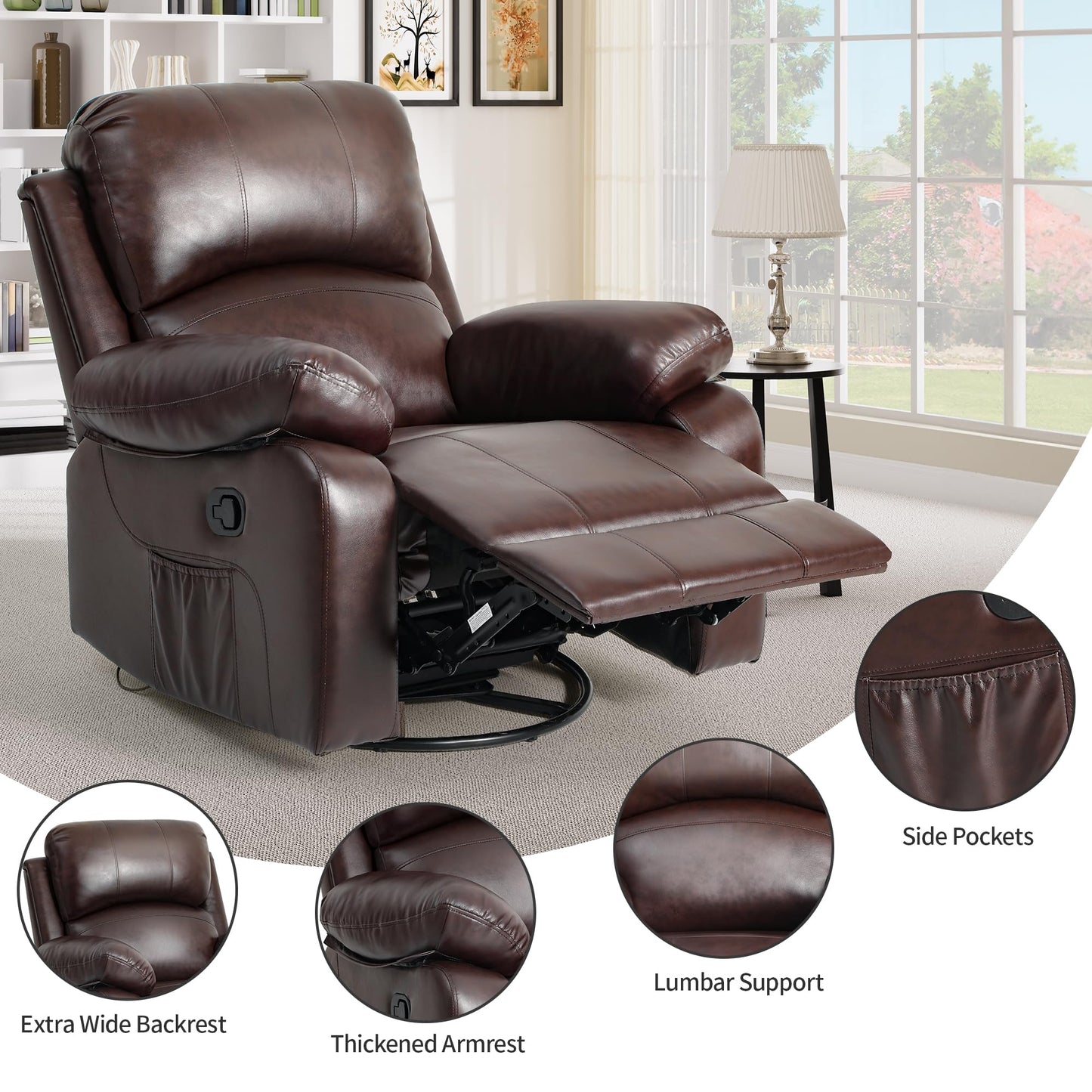 YITAHOME Oversized Rocker Recliner Chair: Manual Reclining Lazy Boy Chair with Heat & Massage, Overstuffed Armrest, Rocking Function, Faux Leather Recliner for Living Room with Side Pocket Brown