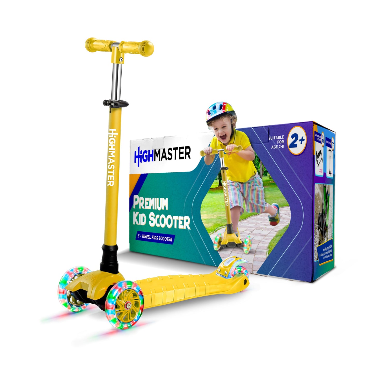 HighMaster Kids Scooter – 3 Wheel Kick Scooter for Children and Toddlers – Adjustable Handlebar with LED Wheel Lights – Indoor and Outdoor Fun (Yellow)