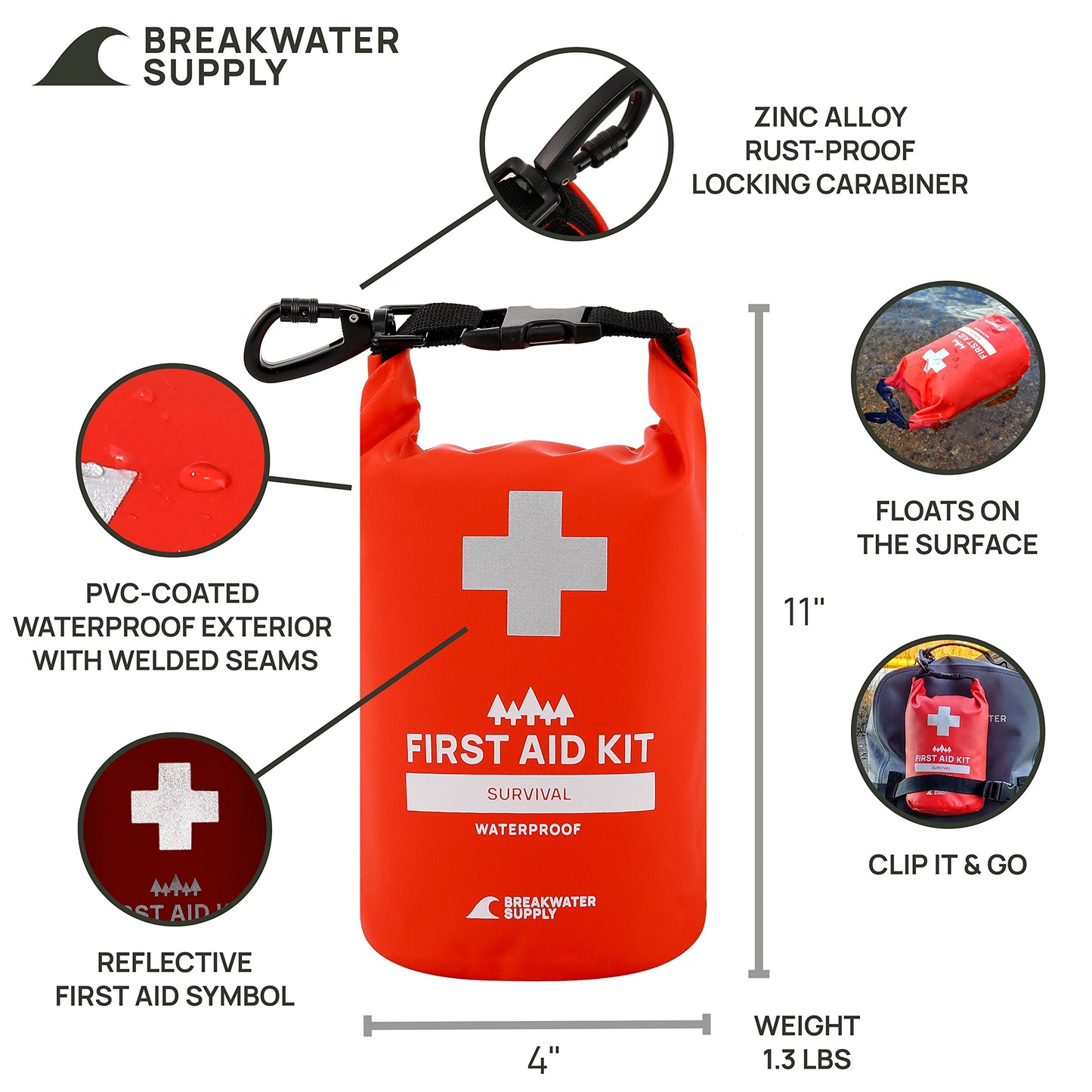 Breakwater Supply™ Waterproof Survival First Aid Kit, 101 Piece AFAK Emergency Supplies in Dry Bag, IFAK Trauma Kit Bug Out Bag for Camping, Hiking, Boating, Fishing, Hunting with Splint (Red)