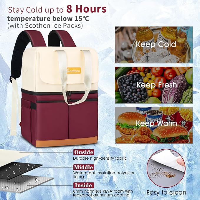 Backpack Cooler with Double Decker & 12 Ice Packs- Keeps 36 Cans Cold for Up to 24 Hours- Waterproof & Leak Proof Insulated Cooler Backpack- Stylish Cooler Bookbag for Women Travel Work Beach