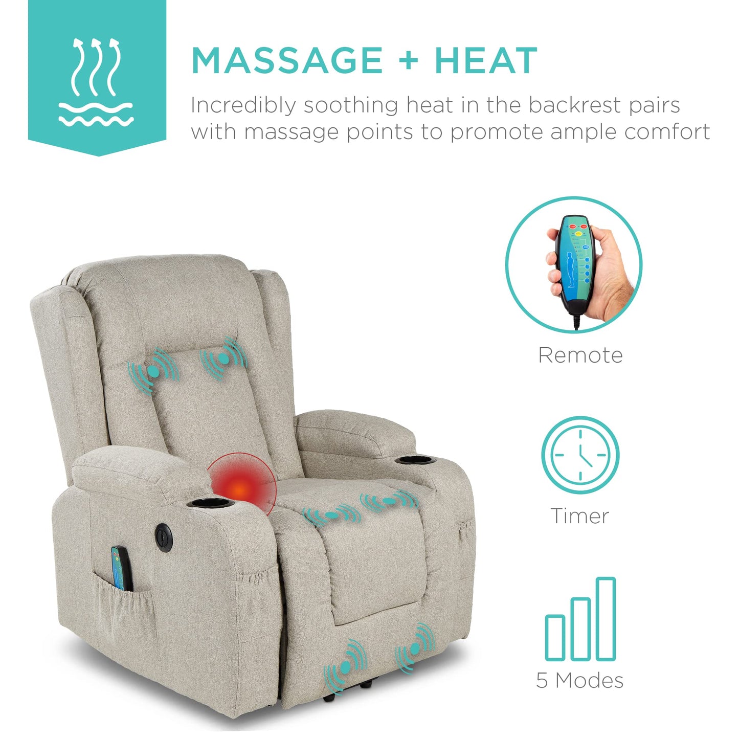 Best Choice Products Modern Linen Electric Power Lift Chair, Recliner Massage Chair, Adjustable Furniture for Back, Legs w/ 3 Positions, USB Port, Heat, Cupholders, Easy-to-Reach Button - Greige