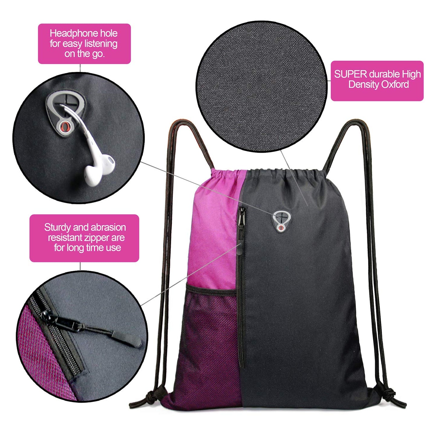 BeeGreen Sports Bag Drawstring Backpack With Water Bottle Pocket &Front Zippered Pocket Large String Bag Pack For Men Women